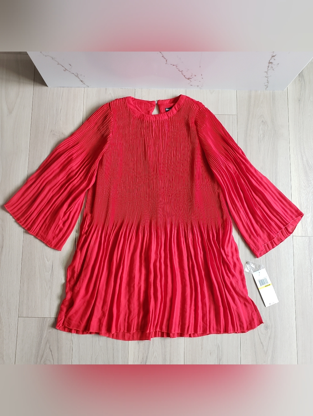 Nina Leonard Poppy Red Pleated Long Sleeve Dress